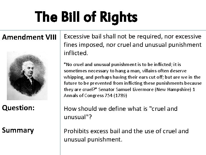 The Bill of Rights Amendment VIII Excessive bail shall not be required, nor excessive