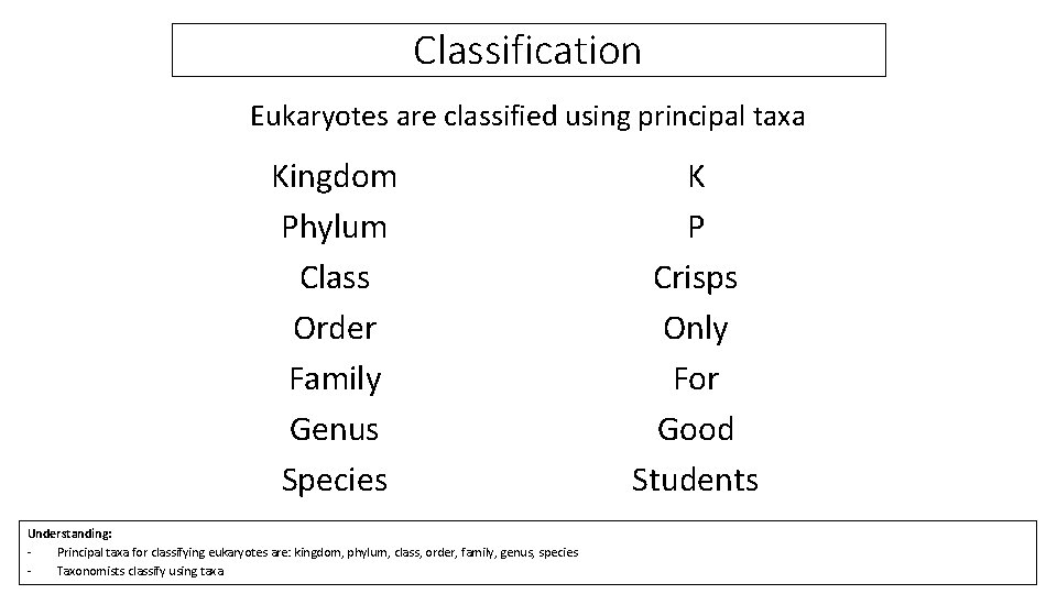 Classification Eukaryotes are classified using principal taxa Kingdom Phylum Class Order Family Genus Species