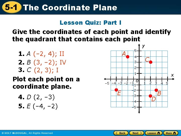 5 -1 The Coordinate Plane Lesson Quiz: Part I Give the coordinates of each