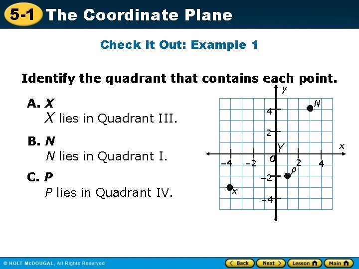 5 -1 The Coordinate Plane Check It Out: Example 1 Identify the quadrant that