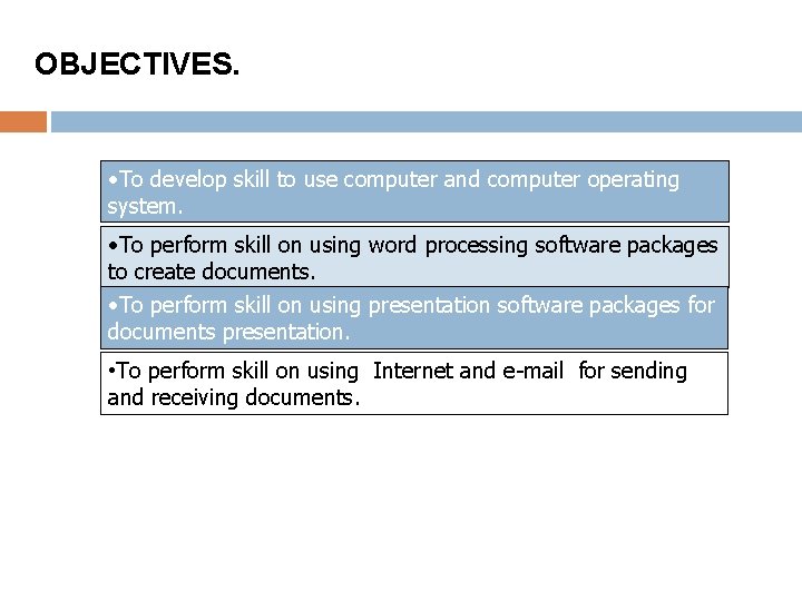OBJECTIVES. • To develop skill to use computer and computer operating system. • To
