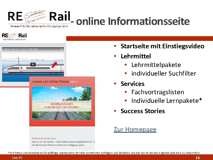 - online Informationsseite • Startseite mit Einstiegsvideo • Lehrmittelpakete • individueller Suchfilter • Services