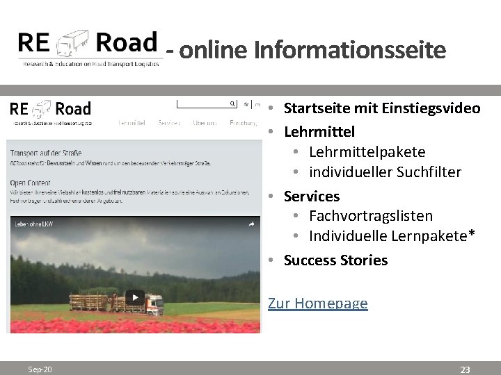 - online Informationsseite • Startseite mit Einstiegsvideo • Lehrmittelpakete • individueller Suchfilter • Services