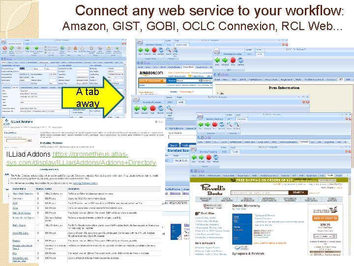 Connect any web service to your workflow: Amazon, GIST, GOBI, OCLC Connexion, RCL Web…