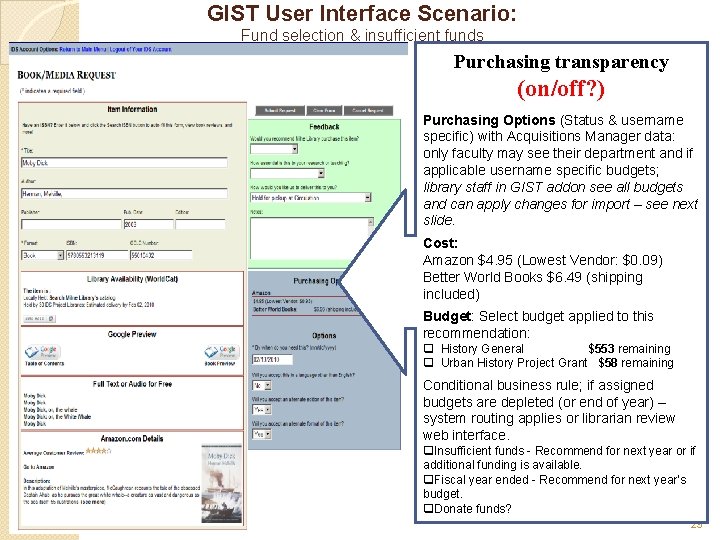 GIST User Interface Scenario: Fund selection & insufficient funds Purchasing transparency (on/off? ) Purchasing