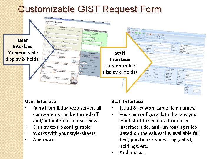 Customizable GIST Request Form User Interface (Customizable display & fields) User Interface • Runs