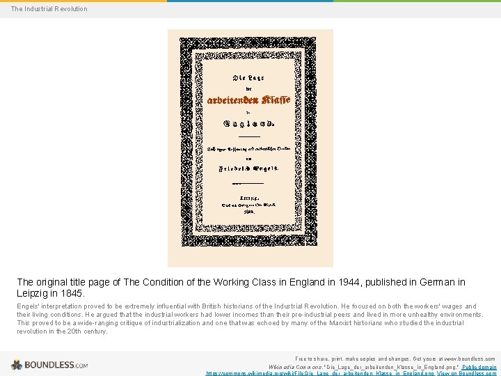 The Industrial Revolution The original title page of The Condition of the Working Class