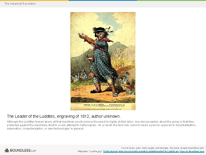 The Industrial Revolution The Leader of the Luddites, engraving of 1812, author unknown. Although