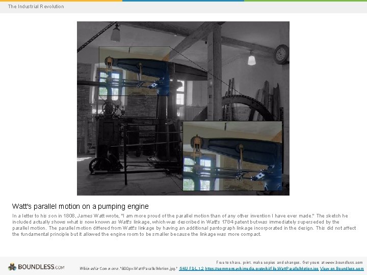 The Industrial Revolution Watt's parallel motion on a pumping engine In a letter to