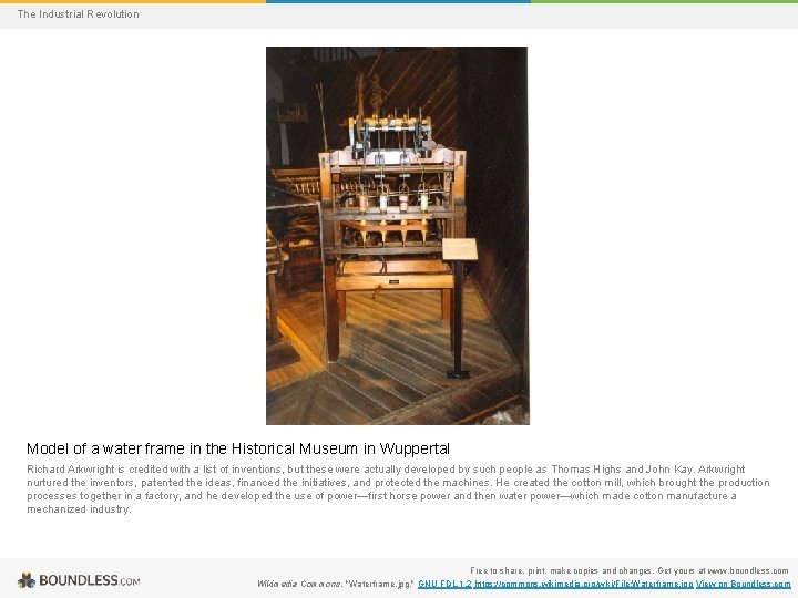 The Industrial Revolution Model of a water frame in the Historical Museum in Wuppertal