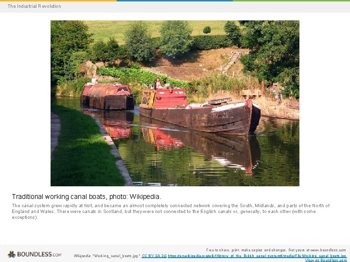 The Industrial Revolution Traditional working canal boats, photo: Wikipedia. The canal system grew rapidly