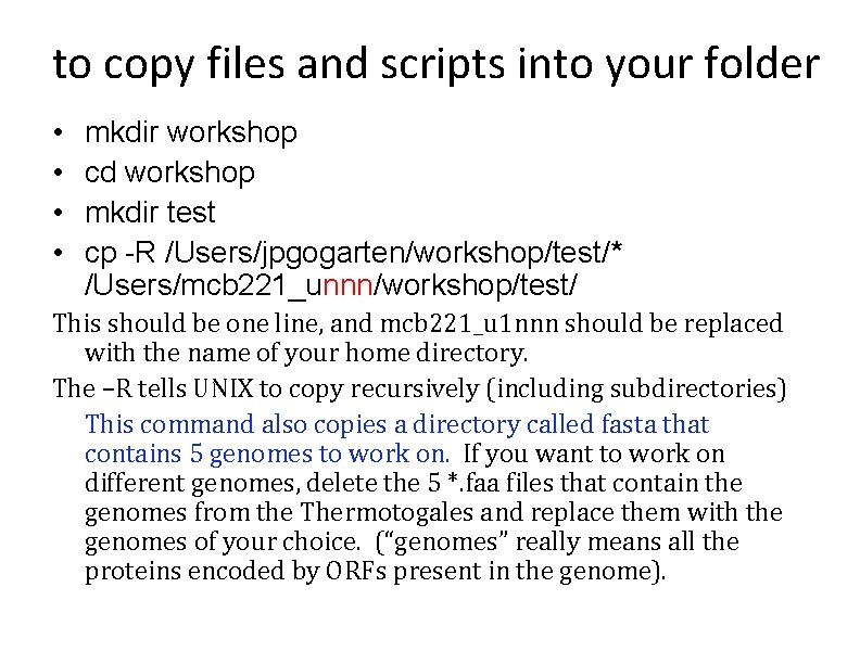 to copy files and scripts into your folder • • mkdir workshop cd workshop