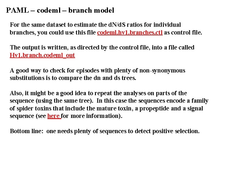 PAML – codeml – branch model For the same dataset to estimate the d.