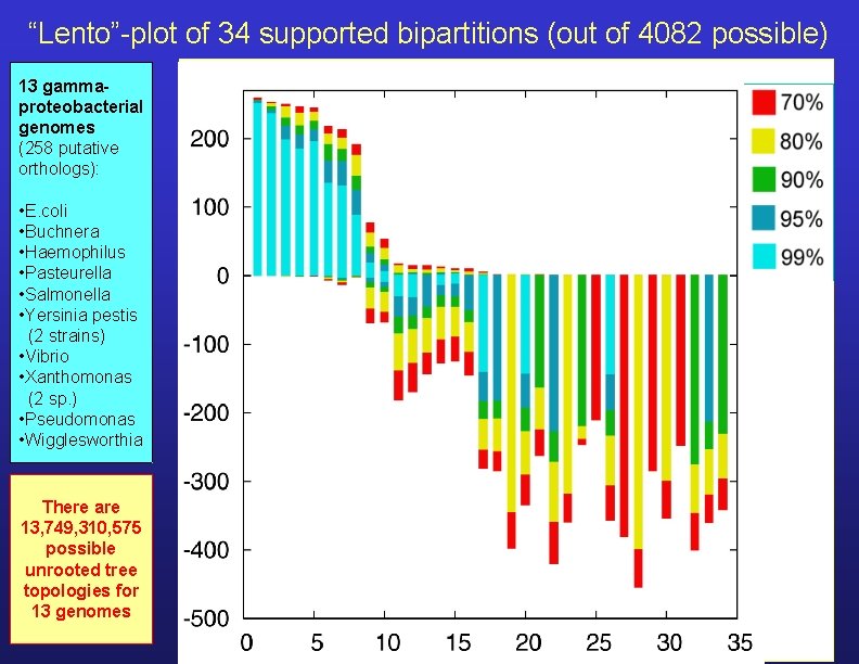 “Lento”-plot of 34 supported bipartitions (out of 4082 possible) 13 gammaproteobacterial genomes (258 putative