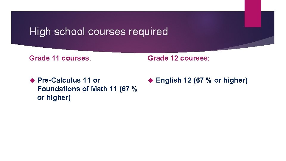 High school courses required Grade 11 courses: Pre-Calculus 11 or Foundations of Math 11