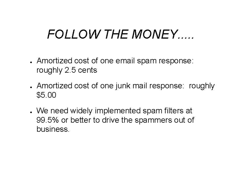 FOLLOW THE MONEY. . . ● ● ● Amortized cost of one email spam