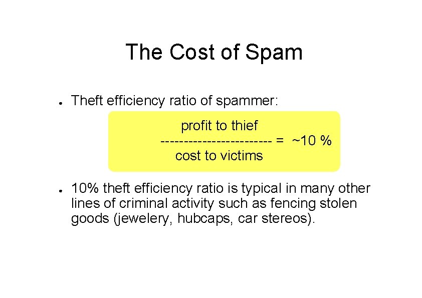 The Cost of Spam ● Theft efficiency ratio of spammer: profit to thief ------------