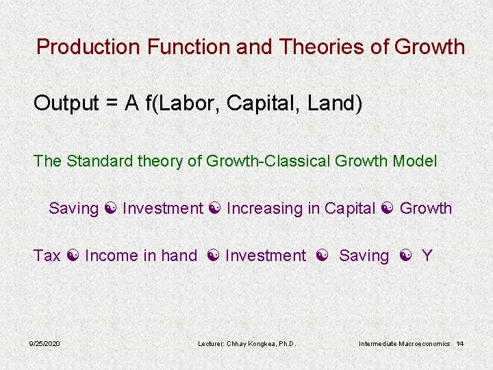 Production Function and Theories of Growth Output = A f(Labor, Capital, Land) The Standard