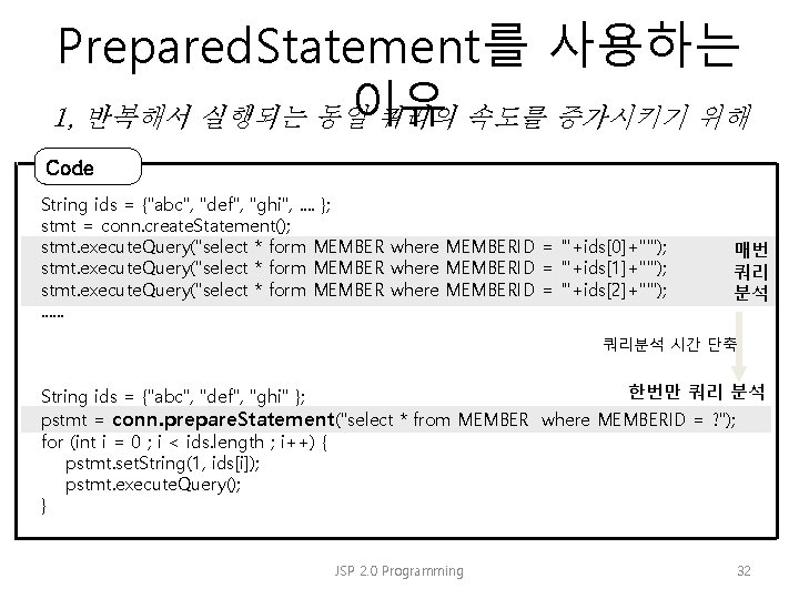 Prepared. Statement를 사용하는 이유 1, 반복해서 실행되는 동일 쿼리의 속도를 증가시키기 위해 Code String