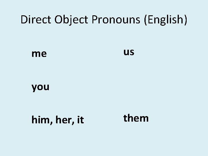 Direct Object Pronouns (English) me us you him, her, it them Direct Object Pronouns (English) me us you him, her, it them
