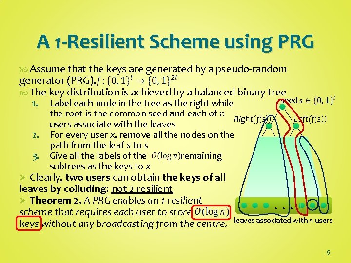 A 1 -Resilient Scheme using PRG Assume that the keys are generated by a