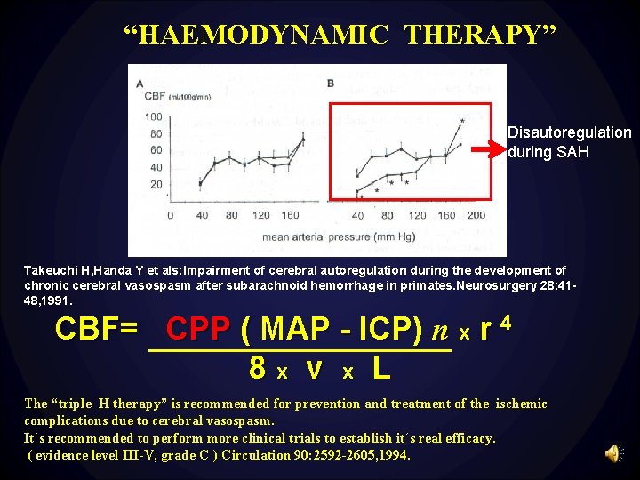 “HAEMODYNAMIC THERAPY” Disautoregulation during SAH Takeuchi H, Handa Y et als: Impairment of cerebral