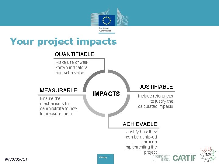 Your project impacts QUANTIFIABLE Make use of wellknown indicators and set a value MEASURABLE