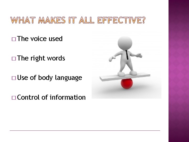 � The voice used � The right words � Use of body language �