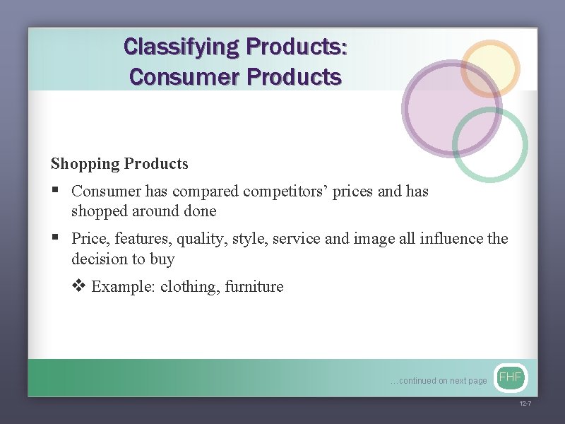 Classifying Products: Consumer Products Shopping Products § Consumer has compared competitors’ prices and has