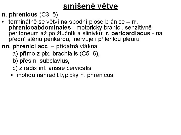 smíšené větve n. phrenicus (C 3– 5) • terminálně se větví na spodní ploše