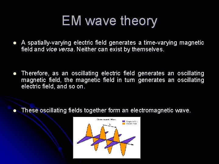 EM wave theory l A spatially-varying electric field generates a time-varying magnetic field and
