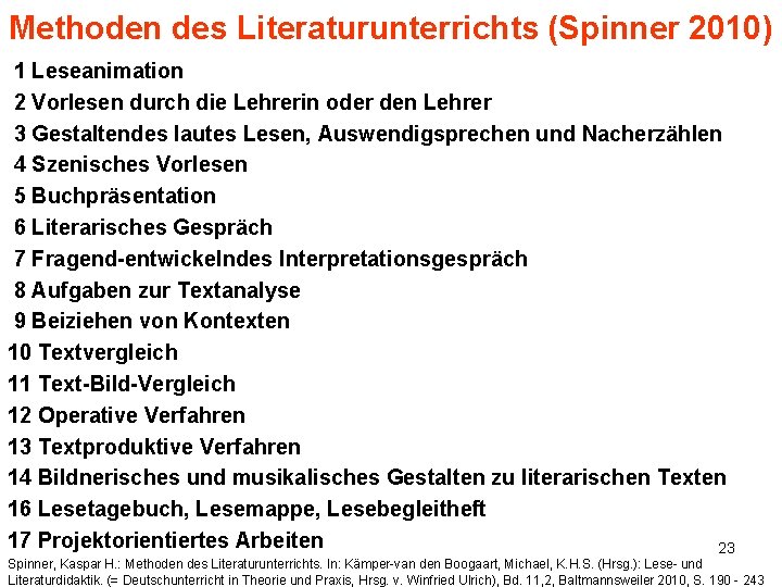 Methoden des Literaturunterrichts (Spinner 2010) 1 Leseanimation 2 Vorlesen durch die Lehrerin oder den