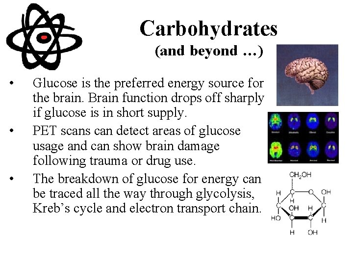 Carbohydrates (and beyond …) • • • Glucose is the preferred energy source for