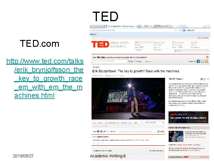 TED TED. com http: //www. ted. com/talks /erik_brynjolfsson_the _key_to_growth_race _em_with_em_the_m achines. html 2015/05/27 Academic