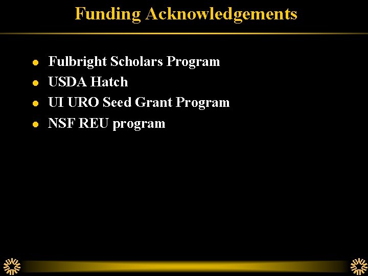 Funding Acknowledgements l l Fulbright Scholars Program USDA Hatch UI URO Seed Grant Program