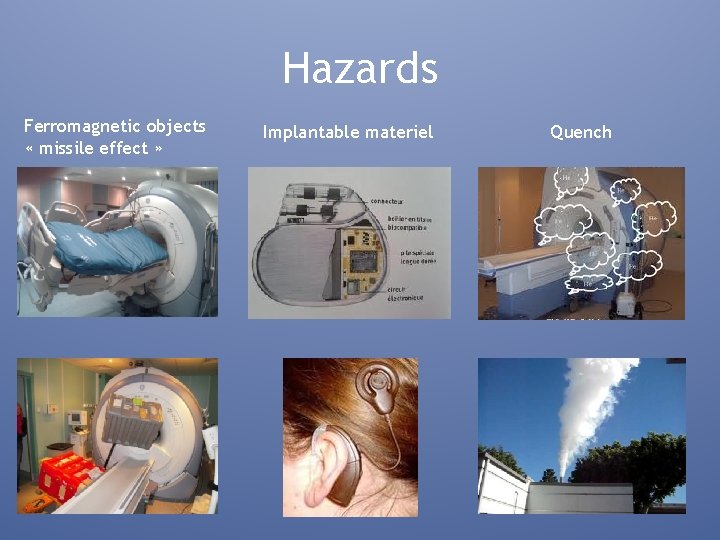 Hazards Ferromagnetic objects « missile effect » Implantable materiel Quench 
