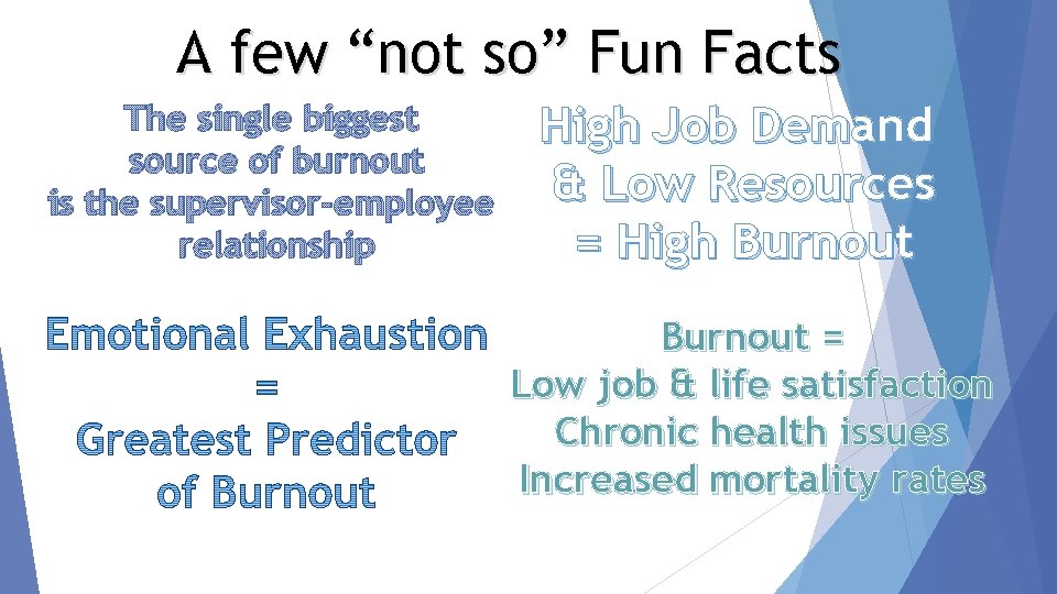 A few “not so” Fun Facts The single biggest source of burnout is the