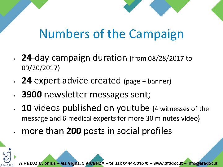 Numbers of the Campaign • 24 -day campaign duration (from 08/28/2017 to 09/20/2017) •