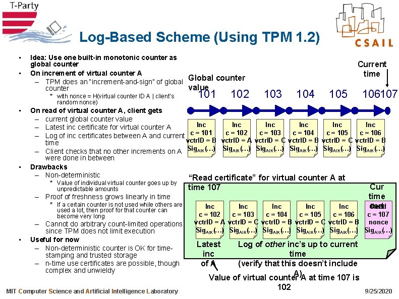 Log-Based Scheme (Using TPM 1. 2) • • Idea: Use one built-in monotonic counter