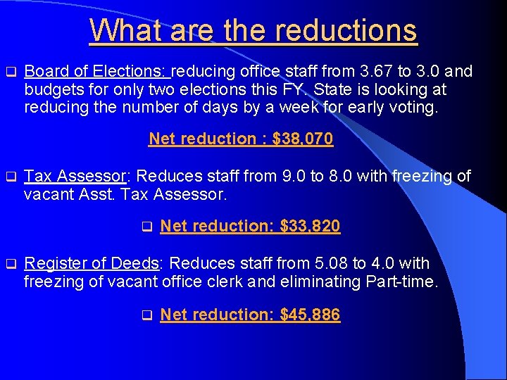 What are the reductions q Board of Elections: reducing office staff from 3. 67