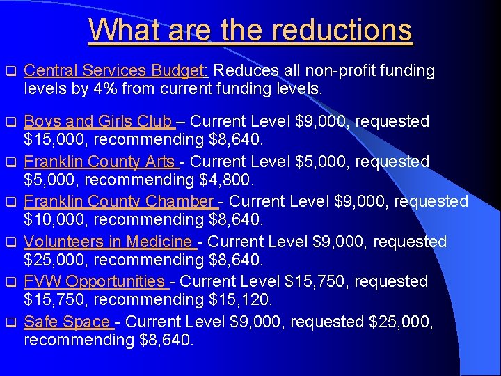 What are the reductions q Central Services Budget: Reduces all non-profit funding levels by