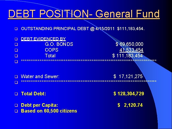 DEBT POSITION- General Fund q OUTSTANDING PRINCIPAL DEBT @ 4/15/2011 $111, 183, 454. q