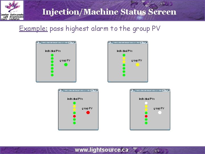 Injection/Machine Status Screen Example: pass highest alarm to the group PV www. lightsource. ca