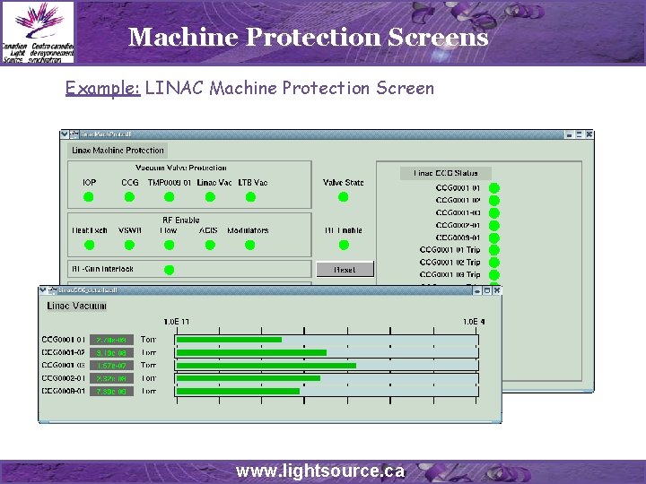 Machine Protection Screens Example: LINAC Machine Protection Screen www. lightsource. ca 