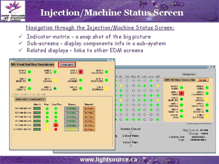 Injection/Machine Status Screen Navigation through the Injection/Machine Status Screen: ü Indicator matrix - a