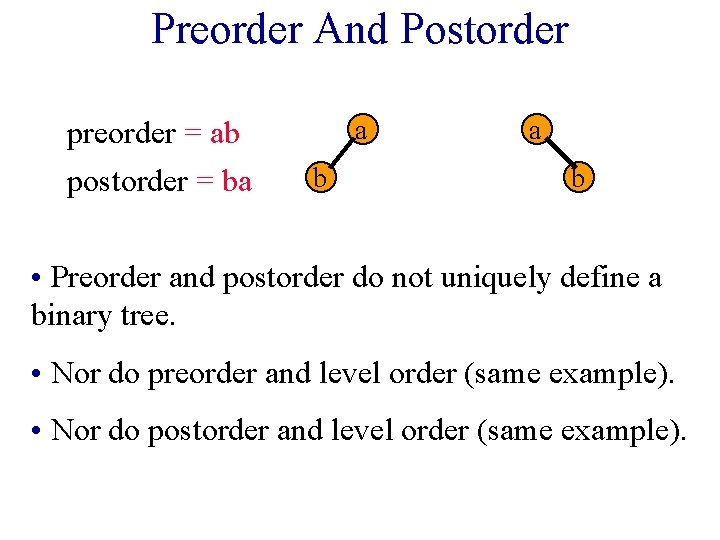 Preorder And Postorder preorder = ab postorder = ba a b • Preorder and