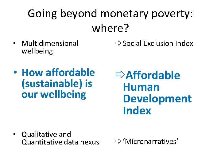 Going beyond monetary poverty: where? • Multidimensional wellbeing Social Exclusion Index • How affordable