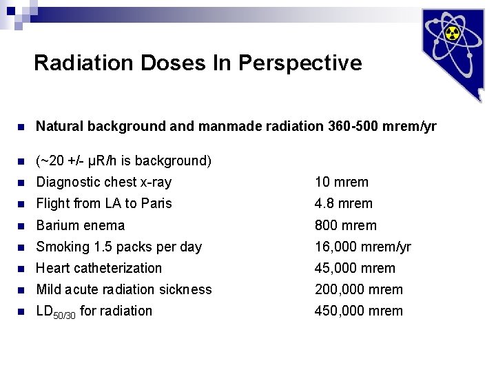 Radiation Doses In Perspective n Natural background and manmade radiation 360 -500 mrem/yr n