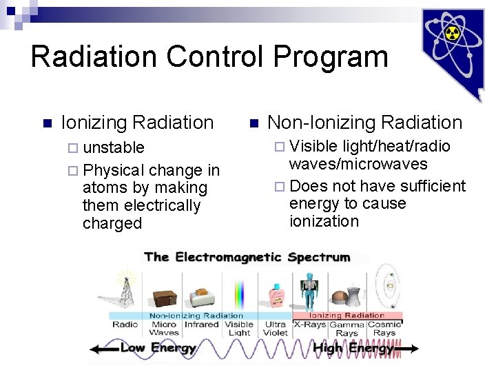 Radiation Control Program n Ionizing Radiation ¨ unstable ¨ Physical change in atoms by