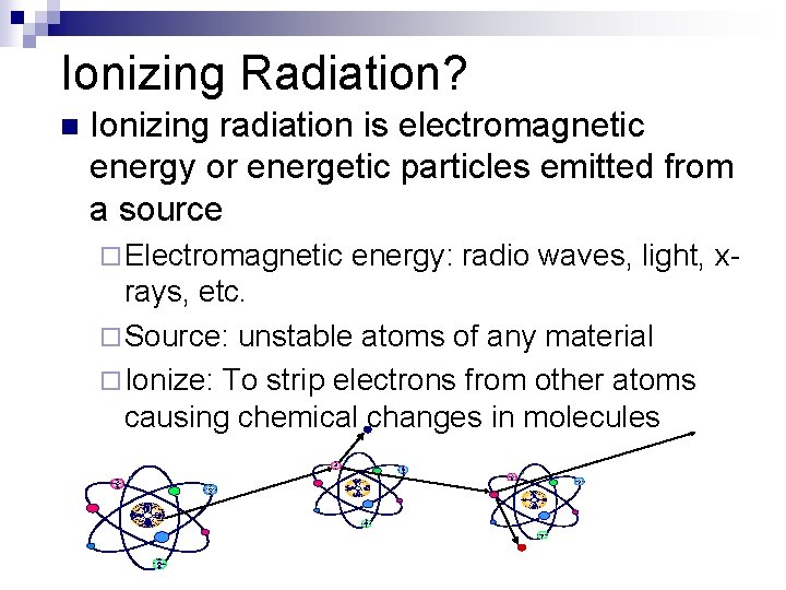 Ionizing Radiation? n Ionizing radiation is electromagnetic energy or energetic particles emitted from a